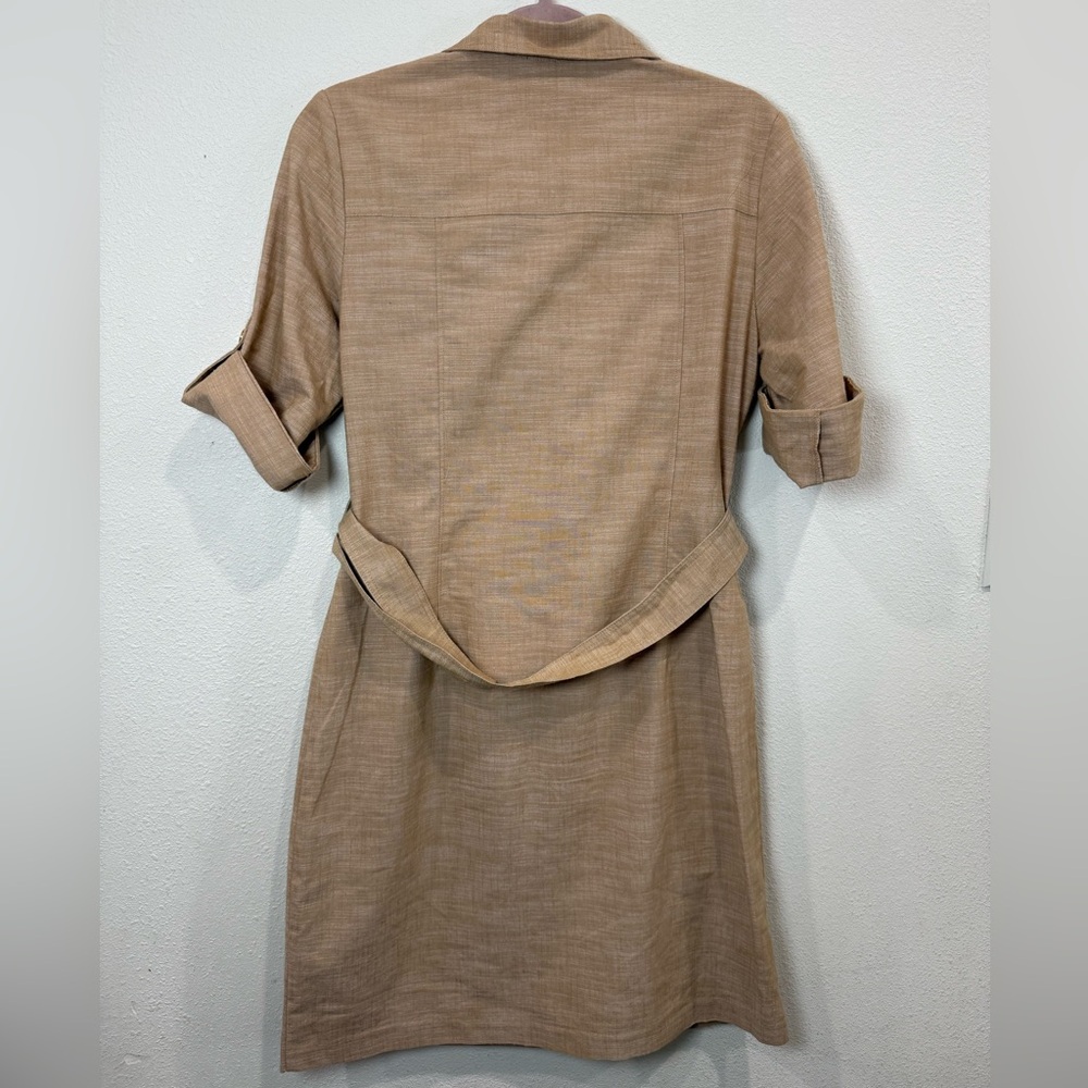 Sharagano Safari Shirt Dress Tan Utility Belted Gold Button Zip Front Size 10 - Picture 3 of 9